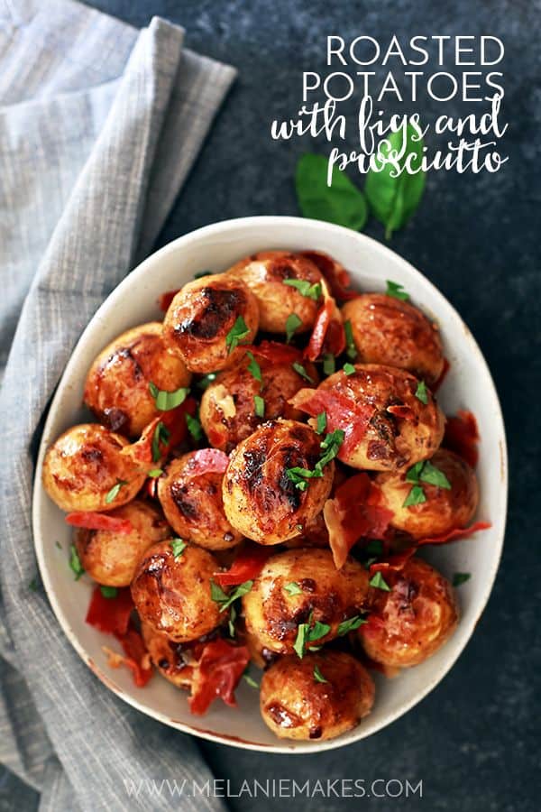These Roasted Potatoes with Figs and Prosciutto take just 10 minutes to prepare and are a definite contender for easiest side dish ever! Buttery Yukon Gold potatoes are tossed in yogurt, figs, garlic and red pepper flakes before being showered with crisp sheets of prosciutto and ribbons of fresh basil. 