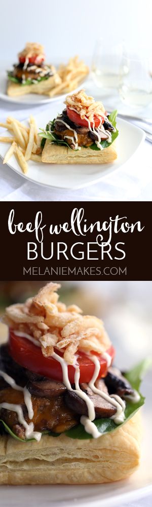 Sure, these Beef Wellington Burgers aren't meant to be handheld but they do welcome a side of fries with open arms! A puff pastry square is layered with salad greens and cheeseburger spiked with horseradish and Dijon mustard before being topped with mushrooms, tomato, french fried onions and a horseradish Dijion mayonnaise.