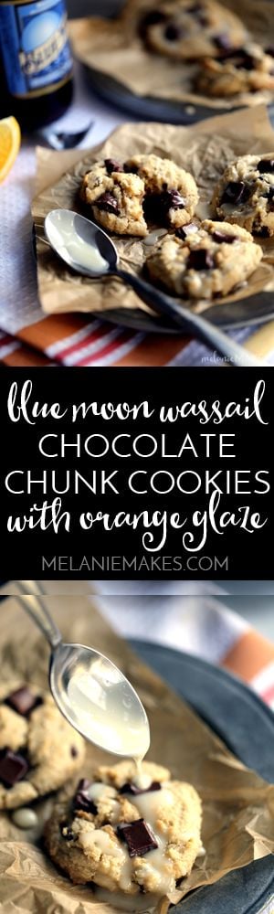 These Blue Moon Wassail Chocolate Chunk Cookies with Orange Glaze take just 15 minutes to prepare and are perfect for holiday cookie exchanges. The classic Blue Moon and orange flavors are combined with chocolate chunks and Christmas wassail spices to create a cookie that's full of warmth. An easy two ingredient orange glaze is drizzled on top as the perfect finishing touch. 