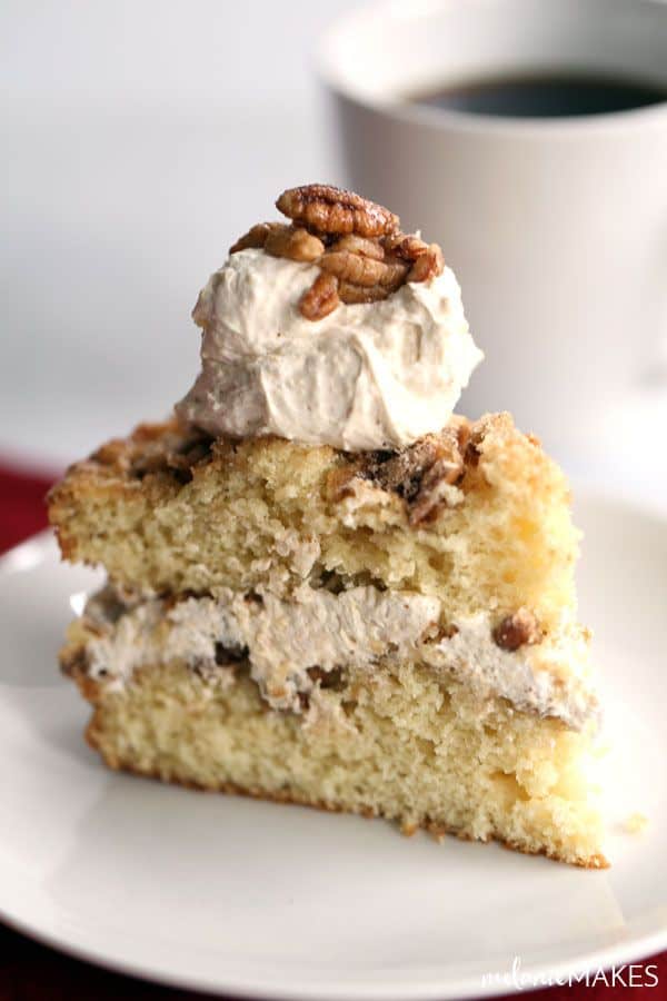 Candied Pecan Sour Cream Coffee Cake With Eggnog Cream Filling