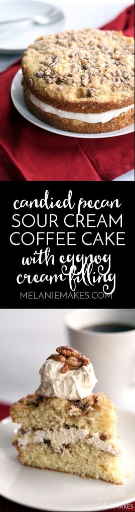 This Candied Pecan Sour Cream Coffee Cake with Eggnog Cream Filling is the perfect make ahead recipe for a holiday breakfast or brunch. A cinnamon spiked eggnog cream filling is sandwiched between two layers of sour cream coffee cake, studded with candied pecans.