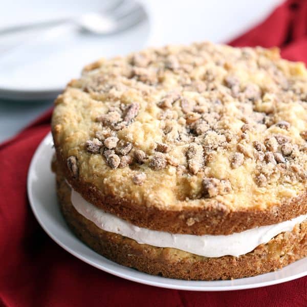 Candied Pecan Sour Cream Coffee Cake with Eggnog Cream Filling 