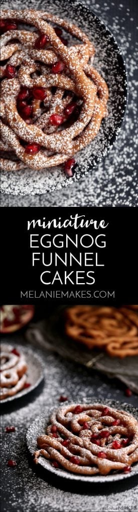 These Mini Eggnog Funnel Cakes are sure to be the star of any holiday party or gathering. A cinnamon eggnog batter is fried into a web of interlacing circles before being topped by a snow shower of powdered sugar and studded with pomegranate arils (seeds) for the perfect pop of holiday color.