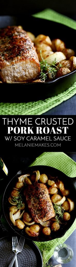This Thyme Crusted Pork Roast with Soy Caramel Sauce is dressed to impress! A crust of pepper, salt and thyme envelopes the pork that is then roasted alongside baby Yukon Gold potatoes and onion wedges. A waterfall of soy caramel sauce is then poured over everything before it's returned to the oven to finish roasting. #thyme #pork #porkroast #potatoes #onions #dinner #easydinner