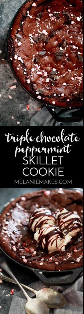 This decadent Triple Chocolate Peppermint Skillet Cookie not only makes a great holiday dessert but because it takes just 15 minutes to prepare, it's also suitable for any weeknight as well. Three types of chocolate, including a dark chocolate peppermint sauce, combine to form this easy, delicious dessert.