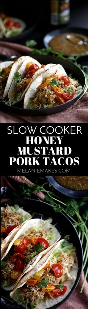 These Slow Cooker Honey Mustard Pork Tacos with Candied Bacon couldn't be easier, yet more flavorful. Just four ingredients are added to the slow cooker and the sweet and tangy pork that emerges is stuffed into tortillas with candied bacon, lettuce, cheese and tomatoes. Your new favorite taco awaits! #slowcooker #crockpot #honeymustard #pork #tacos #tacotuesday #bacon #easyrecipe