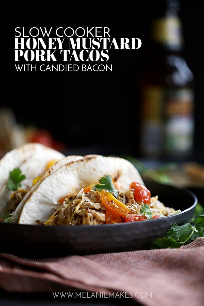  These Slow Cooker Honey Mustard Pork Tacos with Candied Bacon couldn't be easier, yet more flavorful.  Just four ingredients are added to the slow cooker and the sweet and tangy pork that emerges is stuffed into tortillas with candied bacon, lettuce, cheese and tomatoes.  Your new favorite taco awaits!