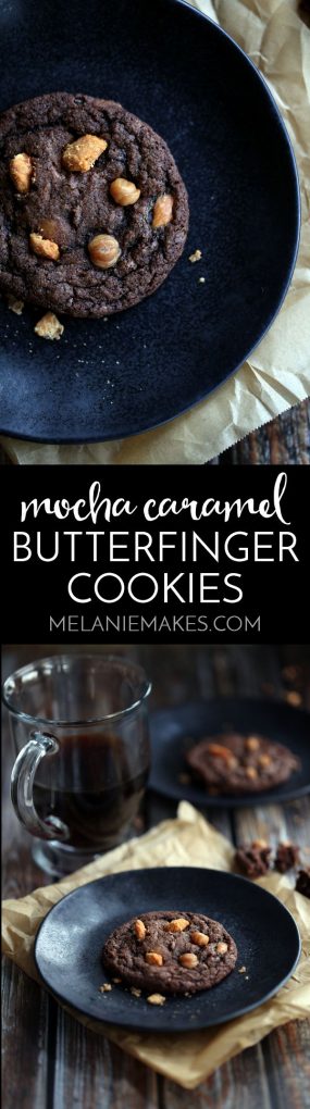 Looking for the dreamiest cookie to fill your cookie jar with? Look no further than my Mocha Caramel Butterfinger Cookies. A chewy, chocolatey cookie spiked with coffee and studded with caramel and Butterfinger candy bars.