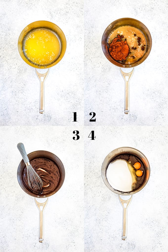 How to prepare One Bowl Chocolate Fudge Brownies, steps 1-4.