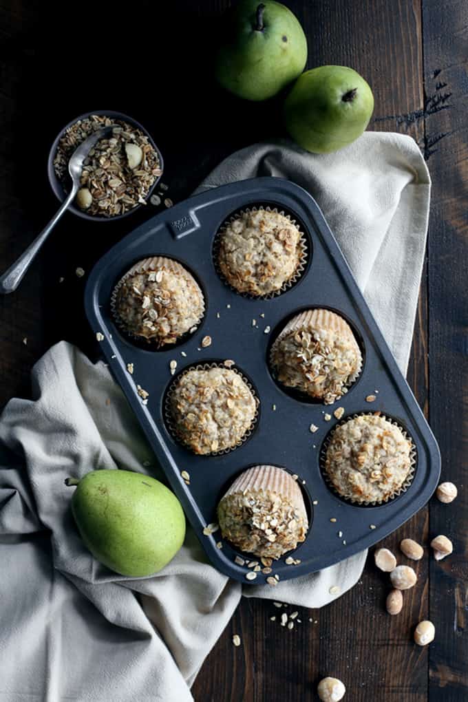 Grab a bowl and a spoon, that's all you need to mix up these Pear Macadamia Oatmeal Muffins.  Just ten minutes of prep - the majority is peeling and dicing a pear! - and seven ingredients later and you'll find yourself sliding a muffin tin full of batter into the oven.