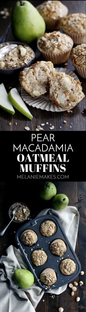 Grab a bowl and a spoon, that's all you need to mix up these Pear Macadamia Oatmeal Muffins.  Just ten minutes of prep - the majority is peeling and dicing a pear! - and seven ingredients later and you'll find yourself sliding a muffin tin full of batter into the oven. 