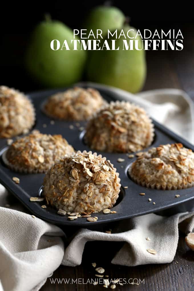 Grab a bowl and a spoon, that's all you need to mix up these Pear Macadamia Oatmeal Muffins.  Just ten minutes of prep - the majority is peeling and dicing a pear! - and seven ingredients later and you'll find yourself sliding a muffin tin full of batter into the oven.
