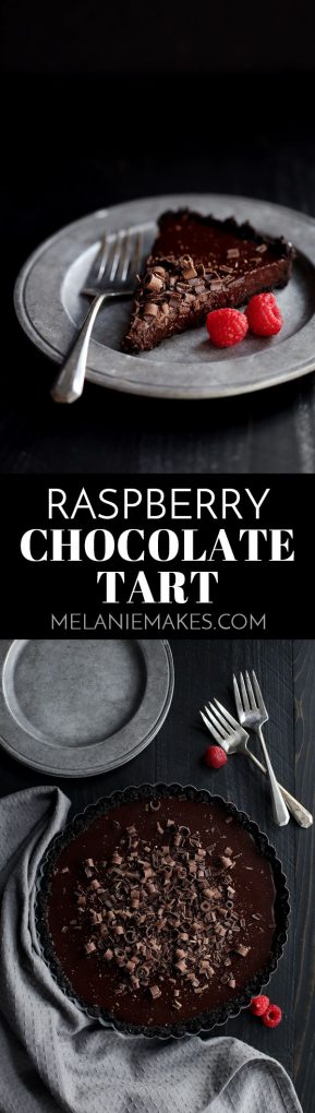 This six ingredient Raspberry Chocolate Tart couldn't be easier or more decadent! A chocolate cookie crust holds a puddle of raspberry chocolate ganache that's then showered with chocolate curls and garnished with fresh raspberries.