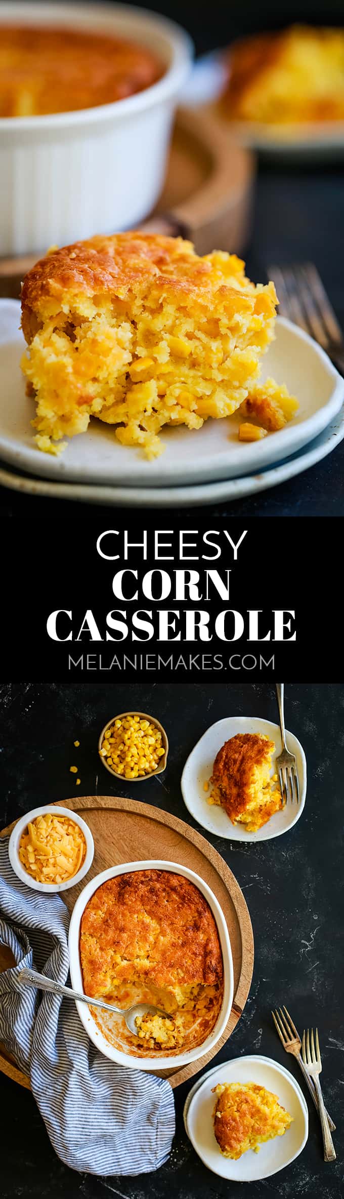This comforting six ingredient Cheesy Corn Casserole takes just 10 minutes to prepare and will without a doubt become your most requested side dish. #cheese #corn #casserole #sidedish #easyrecipe #thanksgiving #christmas #easter