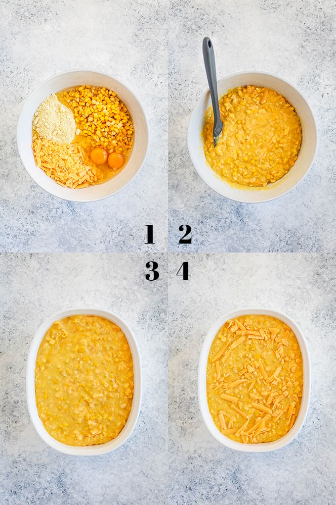 Step by step photos of how to create Cheesy Corn Casserole on a white speckled background.