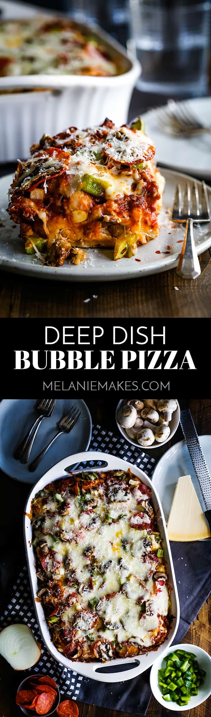 No yeast or rolling dough required - the no-fuss base of this Deep Dish Bubble Pizza comes from refrigerated biscuits! #pizza #biscuits #deepdish #easyrecipe #dinnerrecipe #pepperoni #cheese