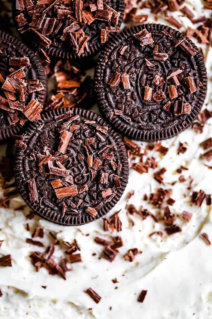 Oreos and chocolate shavings garnish an Irish Cream Oreo Icebox Cake.