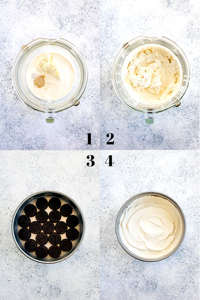 How to create an Irish Cream Oreo Icebox Cake, steps 1-4.