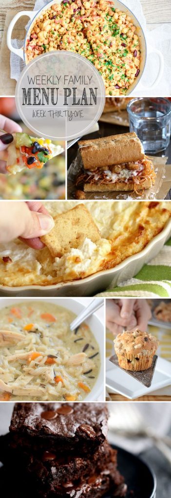 A visual weekly family menu plan including five weeknight meals, a breakfast and dessert idea. Each featured recipe includes multiple photos for each dish. 