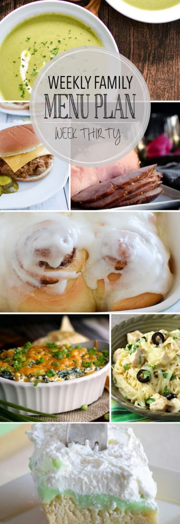 A visual weekly family meal plan including five weeknight meals, a breakfast and dessert idea. Each featured recipe includes multiple photos for each dish. 