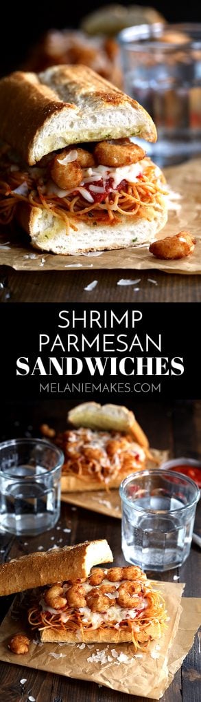 These six ingredient Shrimp Parmesan Sandwiches take just 10 minutes to prepare. Spaghetti with marinara sauce, popcorn shrimp and mozzarella and Parmesan cheese are sandwiched between two pieces of crusty garlic bread - the perfect meatless meal during Lent! #shrimp #parmesan #sandwiches #easydinner #popcornshrimp #mozzarella