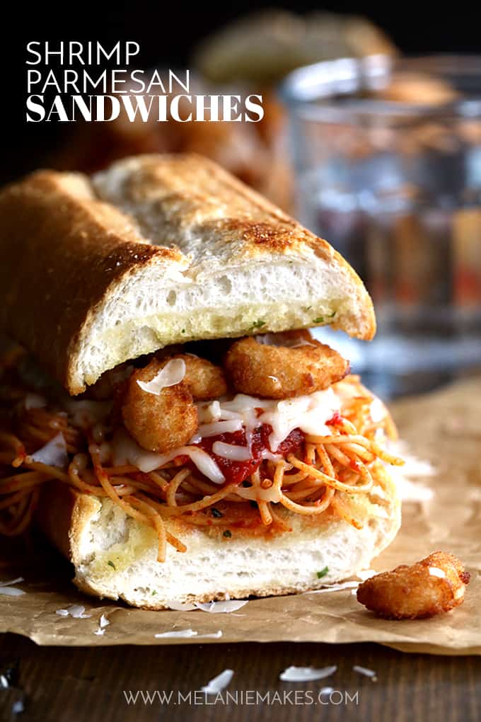 These six ingredient Shrimp Parmesan Sandwiches take just 10 minutes to prepare. Â Spaghetti with marinara sauce, popcorn shrimp and mozzarella and Parmesan cheese are sandwiched between two pieces of crusty garlic bread - the perfect meatless meal during Lent!