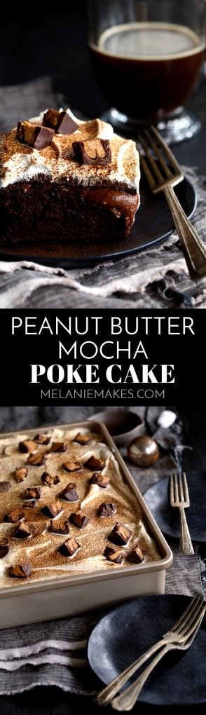 This Peanut Butter Mocha Poke cake is so decadent, so rich, and so incredibly easy! A mocha chocolate cake is flooded with peanut butter chocolate pudding before being topped with layers of mocha ganache, whipped topping and dark chocolate peanut butter cups before being dusted with espresso powder. #peanutbutter #mocha #chocolate #cake