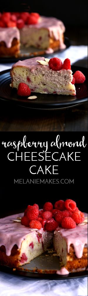 You won't believe how incredibly simple this Raspberry Almond Cheesecake Cake is to create. Layers of cake studded with fresh raspberries alternate with layers of raspberry almond cheesecake to create this amazingly delicious dessert. A raspberry almond glaze, more fresh raspberries and sliced almonds top this showstopper that's sure to impress whoever is lucky enough to snag a slice.