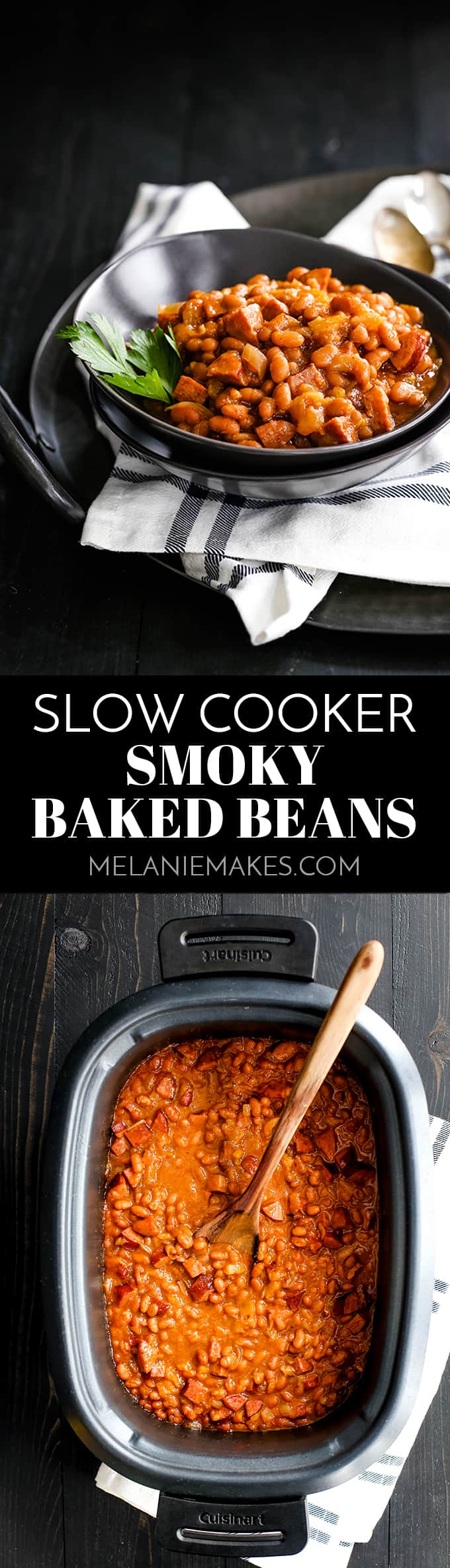 These eight ingredient Slow Cooker Smoky Baked Beans take just 10 minutes and are the perfect side dish to any barbecue or cookout. #slowcooker #crockpot #bakedbeans #beans #sidedish #easyrecipe