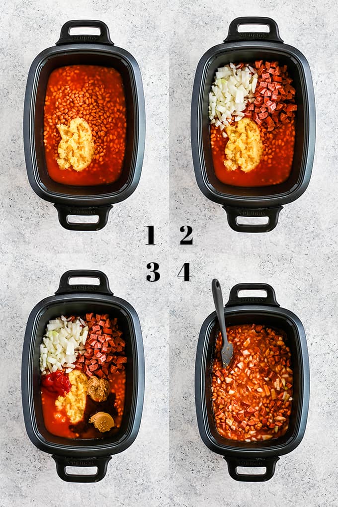 How to prepare Slow Cooker Smoky Baked Beans, steps 1-4.