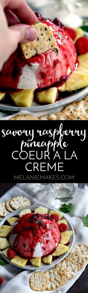 No one will ever guess this make ahead Savory Raspberry Pineapple Coeur a la Creme takes just 10 minutes to prepare. Cream cheese and heavy cream are combined to create an amazing spread that's doused in a raspberry pineapple sauce, flecked with red pepper flakes.