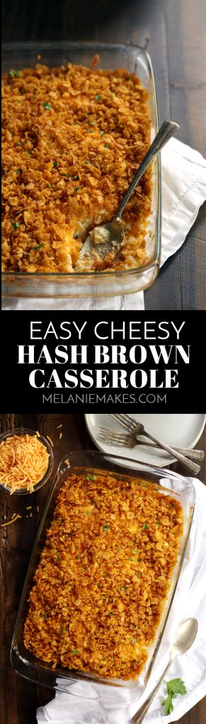 These six ingredient Easy Cheesy Hash Brown Potatoes take just 10 minutes to prepare and are destined to become your favorite side dish! #easyrecipe #sidedish #potatoes #easter #thanksgivingrecipes #christmasrecipes #cheese