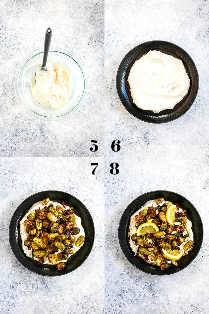 How to prepare Roasted Brussels Sprouts with Lemon and Greek Yogurt, steps 5-8.
