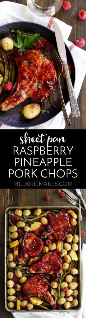 You'll never meet an easier 30 minute, one dish meal than these Sheet Pan Raspberry Pineapple Pork Chops. Thick, bone-in pork chops are roasted on a bed of potatoes and green beans that are studded with fresh raspberries and pineapple before being slathered with a raspberry pineapple sauce.