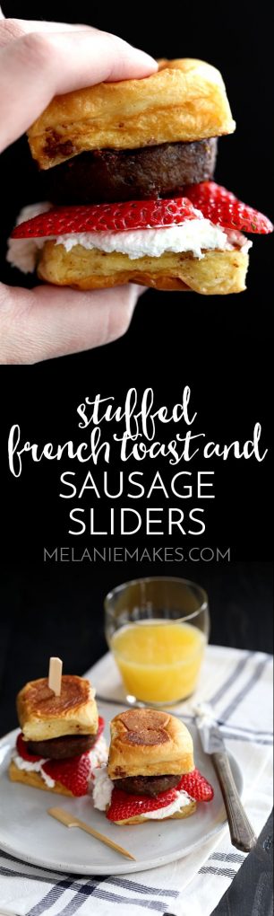 These Stuffed French Toast and Sausage Sliders are the answer to feed a crowd breakfast or brunch in a snap! Hawaiian rolls, whipped cream cheese, fresh strawberries and sausage are layered together to create the most perfectly portable French toast.