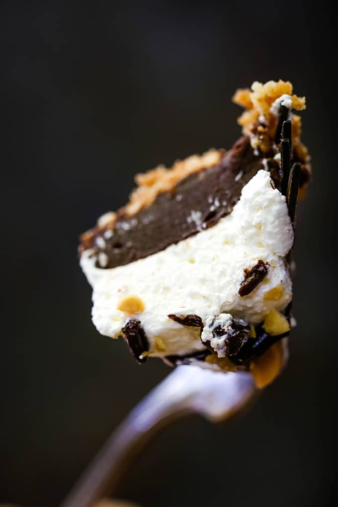 A bite of Almost No Bake Drumstick Cheesecake on a fork.