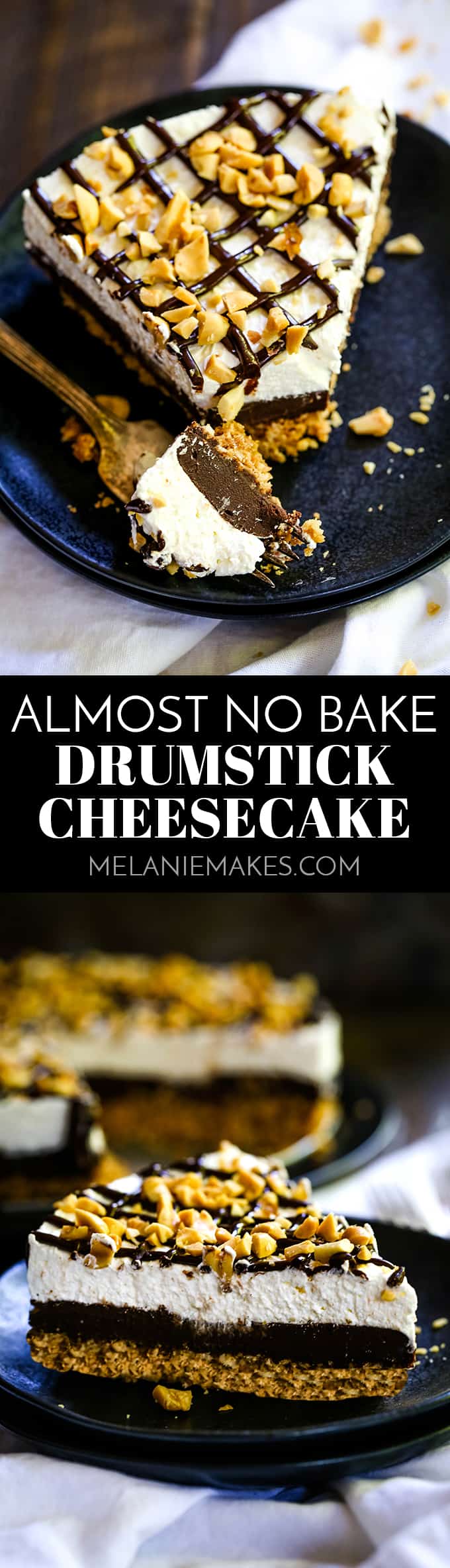 This delicious Almost No Bake Drumstick Cheesecake includes a waffle cone crust, chocolate ganache and no bake cheesecake layer topped with chopped peanuts. #nobake #cheesecake #drumstick #dessert #easyrecipe
