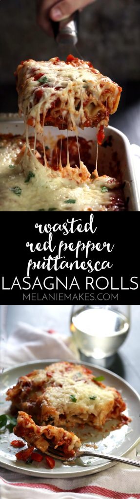 Looking for a new favorite comfort food? Look no further than my Roasted Red Pepper Puttanesca Lasagna Rolls. Single serving lasagna rolls are filled with vegetables, olives, capers and cheese before being bathed in a roasted red pepper sauce and blanketed by two additional layers of cheese and emerge from the oven a pan of melty, bubbly goodness.