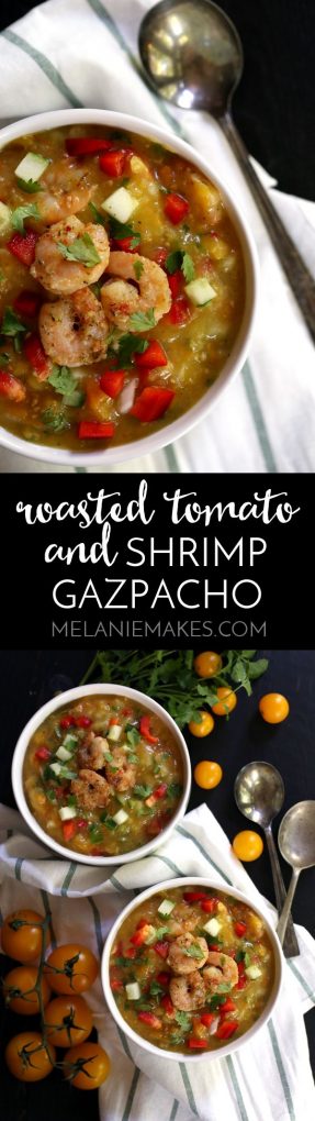 This seven ingredient Roasted Tomato and Shrimp Gazpacho is an easy make ahead meal. Roasted tomatoes, cucumber, red pepper, jalapeno, cilantro and garlic are stirred together with shrimp to create this flavorful warm weather soup.