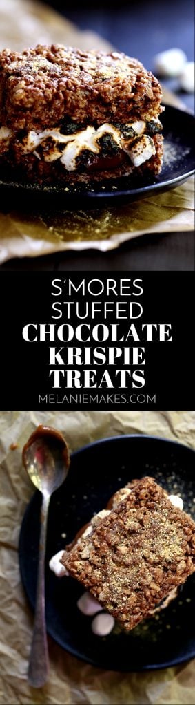 These S'mores Stuffed Chocolate Krispie Treats are the perfect mash-up of two favorite summertime sweets. Thick and chewy chocolate marshmallow treat bars are split in half before being lacquered with chocolate and torched mini marshmallows. The other half of the Rice Krispies treat is plunked on top and then they're sprinkled with a shower of graham cracker crumbs to create the ultimate summer dessert sandwich.