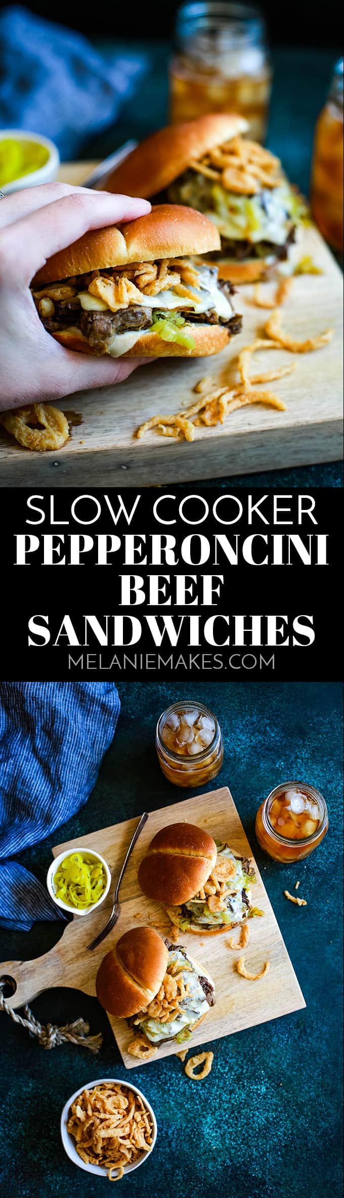 With just 10 minutes prep, these Slow Cooker Pepperoncini Beef Sandwiches are the perfect combo of succulent beef, melty cheese and crispy fried onions. #slowcooker #crockpot #beef #sandwiches #easyrecipe #mozzarella