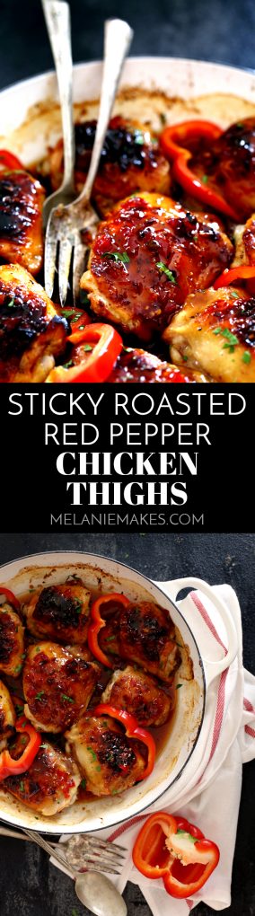 These Sticky Roasted Red Pepper Chicken Thighs are first browned on the stovetop before being finished in the oven. The end result? Crispy skinned goodness that's then shellacked with a five ingredient, sticky sweet glaze. Winner winner, chicken dinner, indeed!