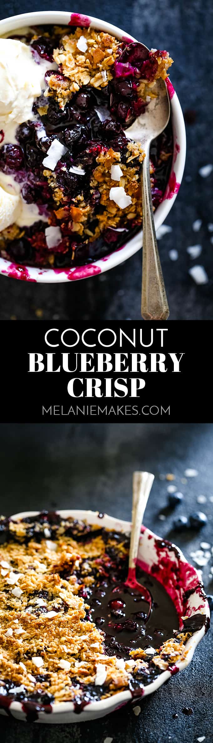 It takes just 15 minutes to prepare this delicious Coconut Blueberry Crisp featuring warm, bubbly blueberries capped by a crunchy cap of oats and coconut. #coconut #blueberry #fruitcrisp #dessertrecipes #easyrecipe #fruit