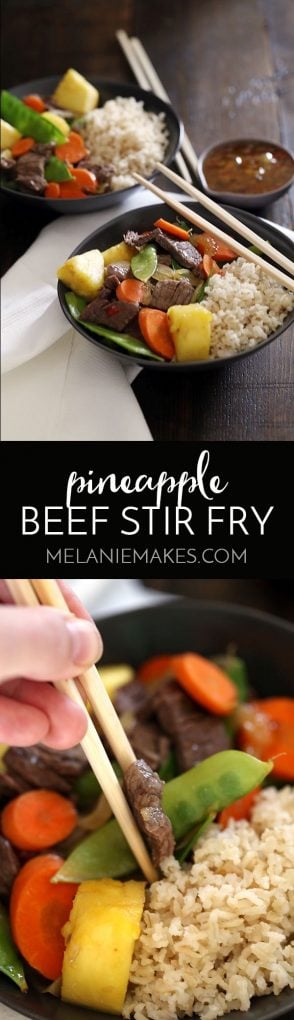 This eight ingredient Pineapple Beef Stir Fry is on the table in just 30 minutes making it perfect for busy weeknights. Sliced pieces of sirloin steak are stir fried with carrots, onions, green peppers, snow peas and pineapple to create a flavorful and colorful main dish.