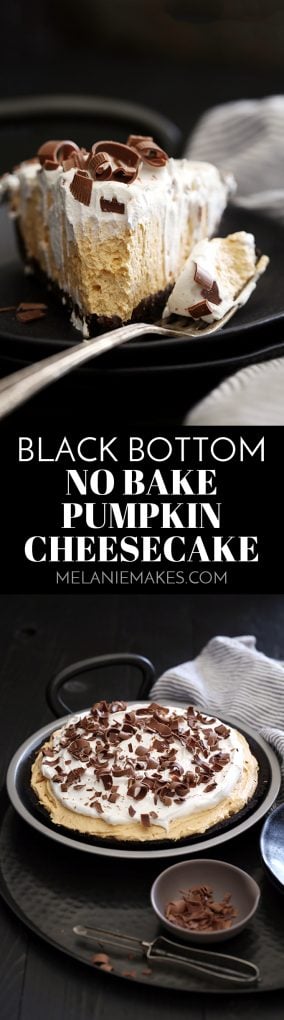 This Black Bottom No Bake Pumpkin Cheesecake the perfect fall dessert for pumpkin and chocolate lovers alike and it comes together in just 10 minutes! #nobake #pumpkin #cheesecakes #nobakecheesecake #ganache #chocolate