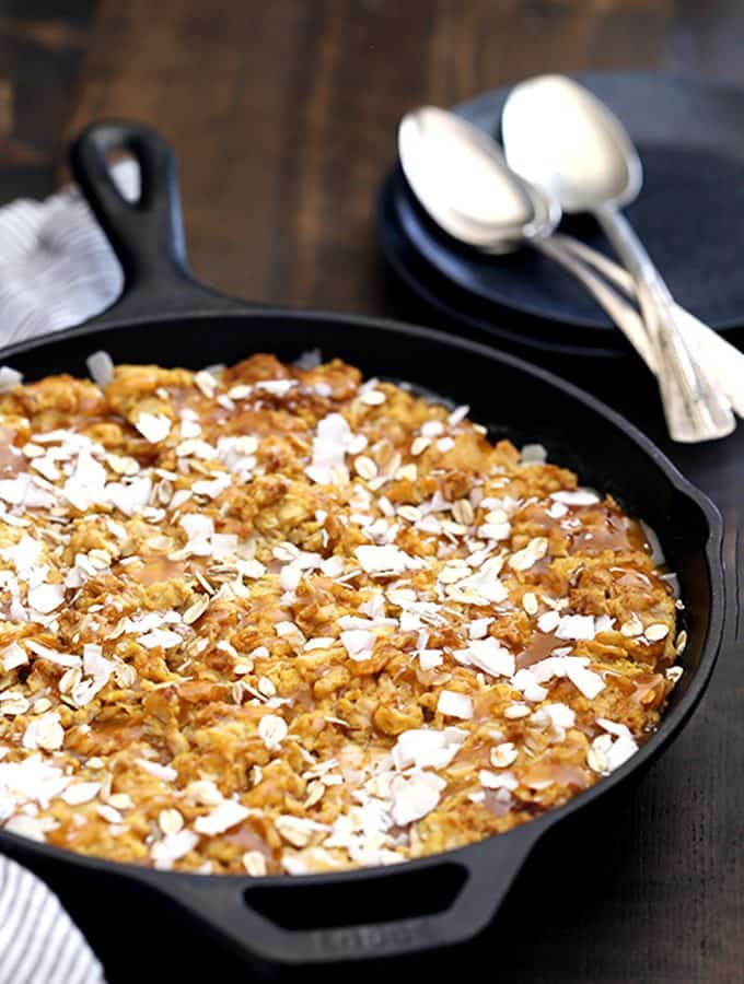 Coconut Caramel Pumpkin Oatmeal Skillet Cookie