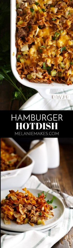 This eight ingredient Hamburger Hotdish is a classic family recipe that will never go out of style. Ground beef, egg noodles and creamed corn combine in this bubbly, cheesy comforting casserole. #casserole #beeffoodrecipes #beef #noodles #comfortfood #easyrecipe #cheese