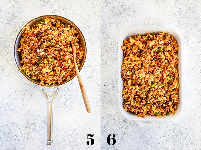 Step by step photos of how to create Hamburger Hotidsh on a white speckled background. Steps 5-6.