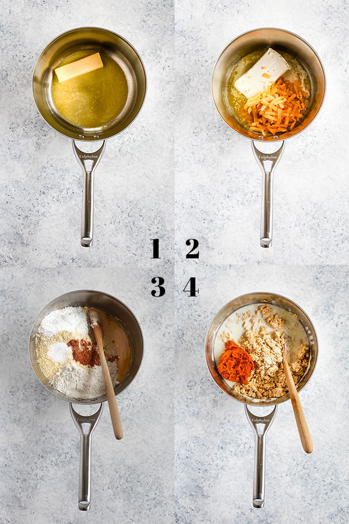 Step by step photos showing preparation of Pumpkin Cream Cheese Skillet Cornbread in a saucepan on a white and grey speckled background.