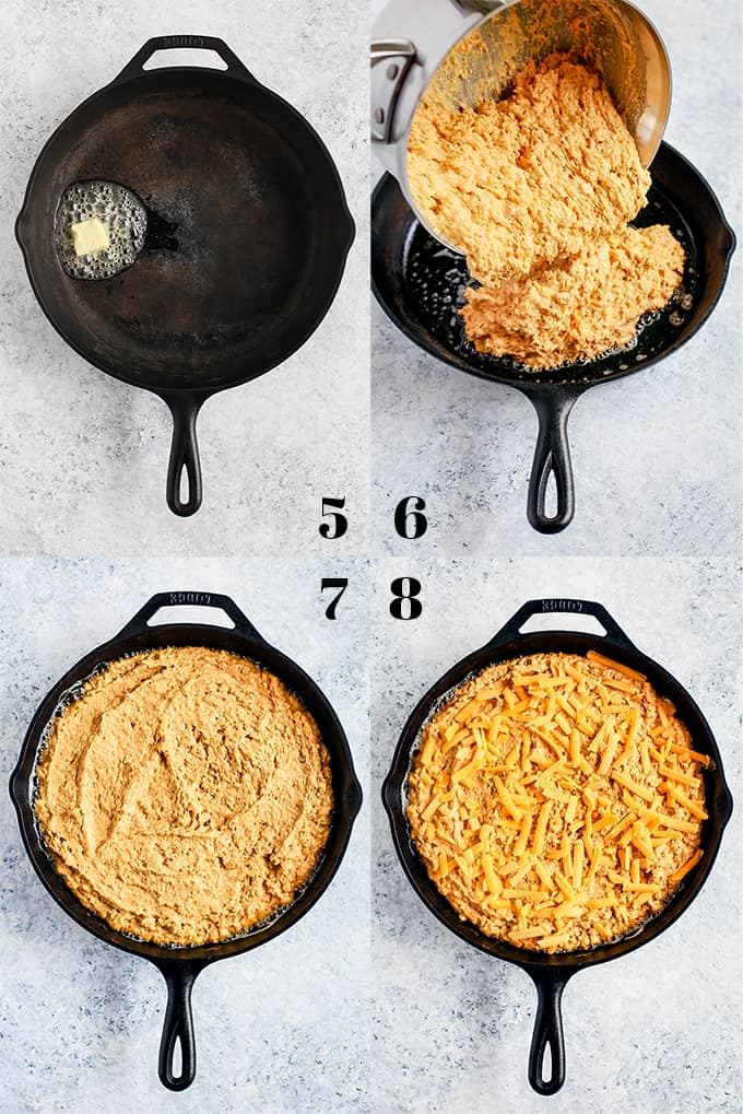 Step by step photos of creating Pumpkin Cream Cheese Skillet Cornbread in a black skillet on a white and grey speckled background.